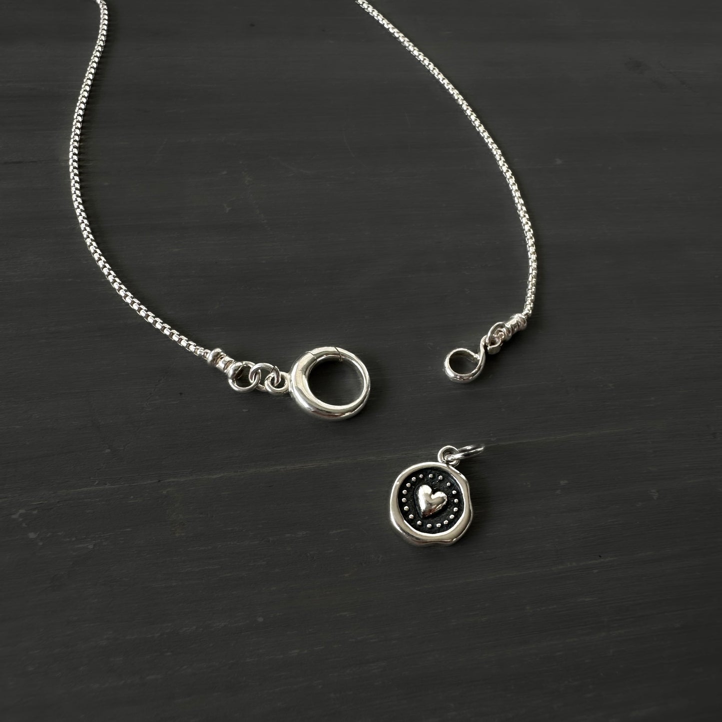 Wax Seal Heart Pendant Box Chain Necklace in Sterling Silver