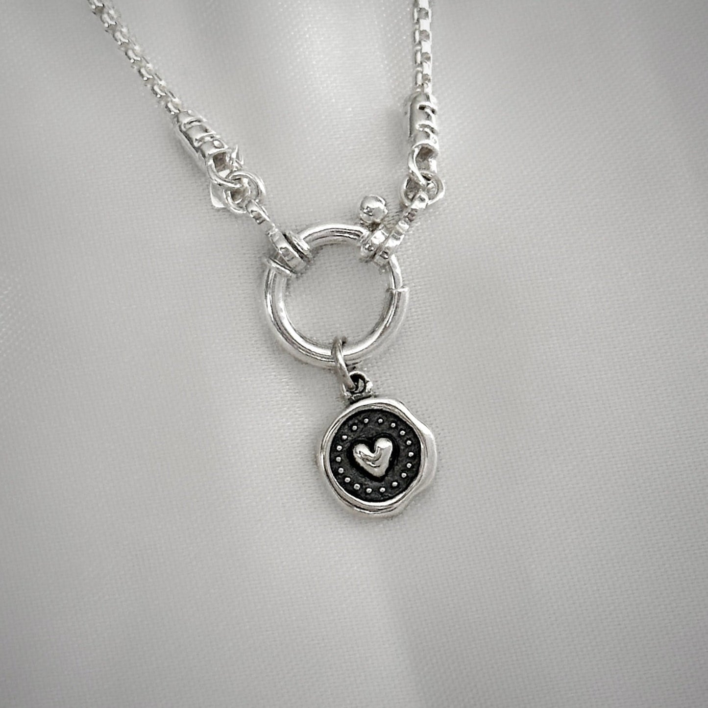 Wax Seal Heart Pendant Round Box Chain Necklace in Sterling Silver, 1.8mm