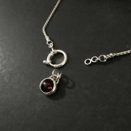 Sterling Silver Garnet Pendant Necklace | Round Box Chain with Pendant Holder Clasp