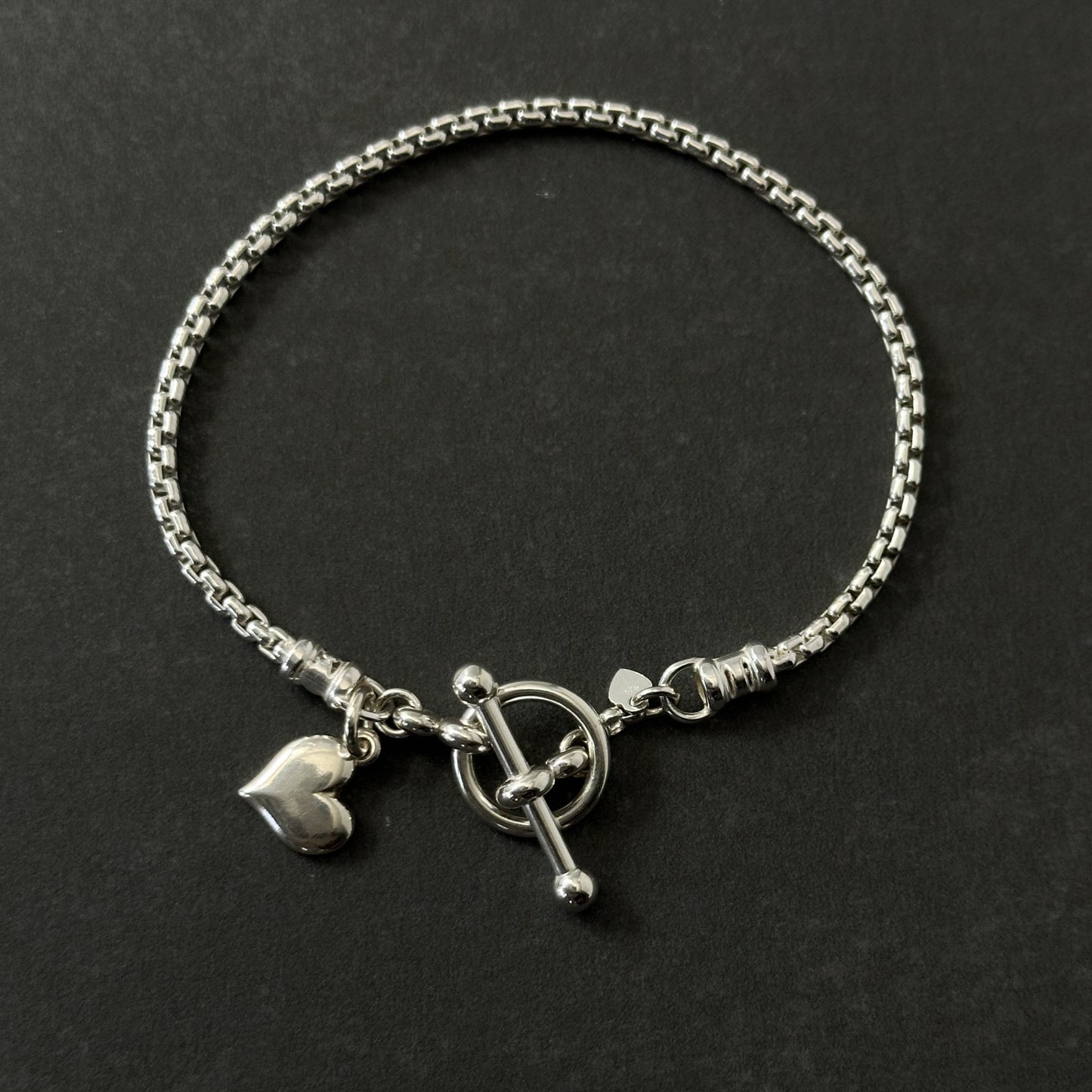 Heart Charm Toggle Box Chain Bracelet Sterling Silver, 2.5mm