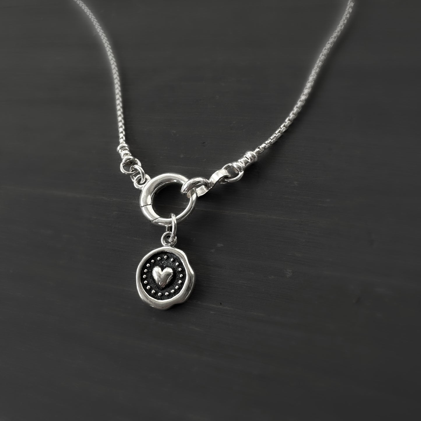 Wax Seal Heart Pendant Box Chain Necklace in Sterling Silver