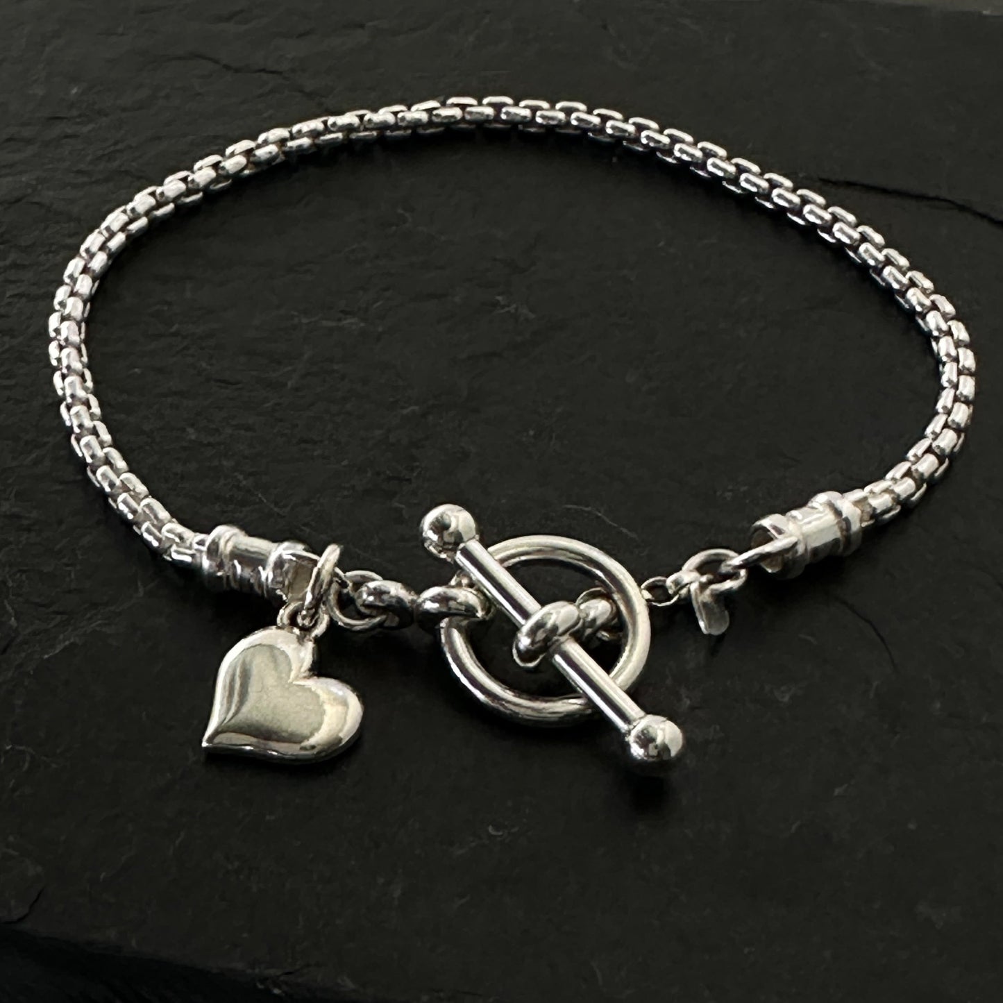 Heart Charm Toggle Box Chain Bracelet Sterling Silver, 2.5mm