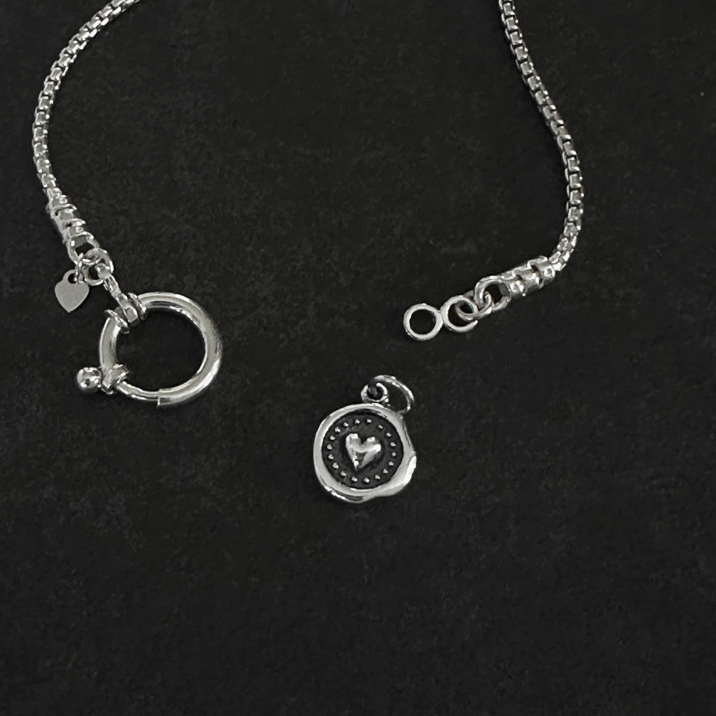 Wax Seal Heart Pendant Round Box Chain Necklace in Sterling Silver, 1.8mm