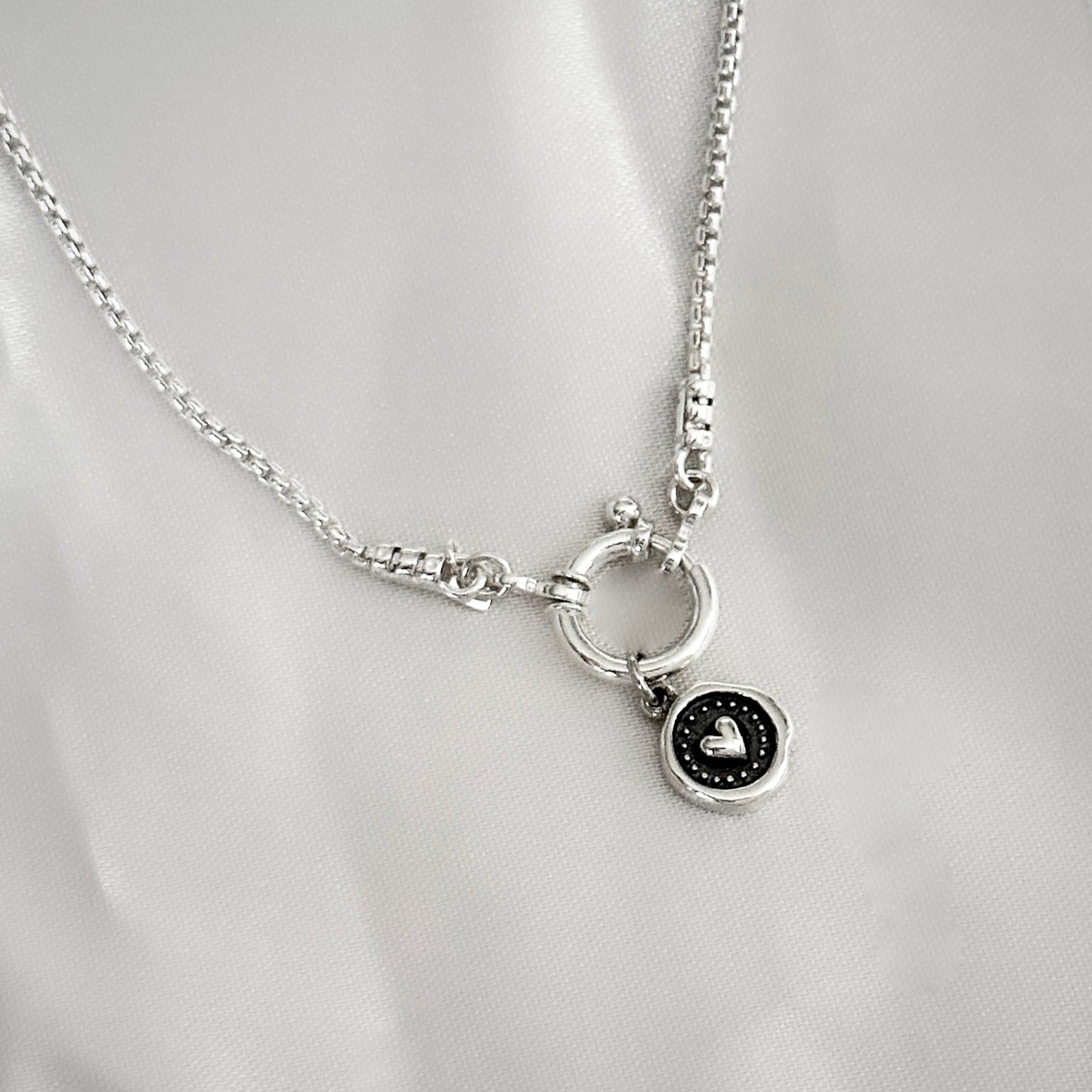 Wax Seal Heart Pendant Round Box Chain Necklace in Sterling Silver, 1.8mm