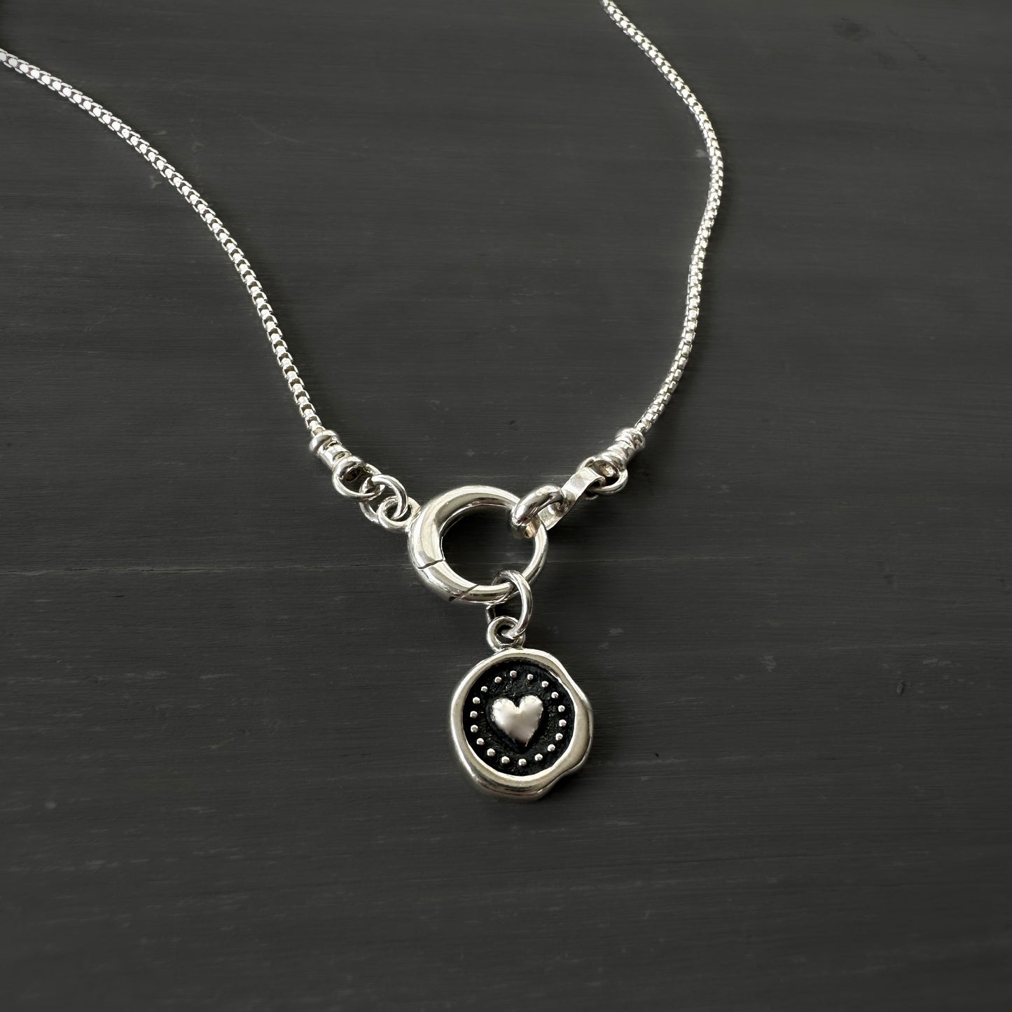 Wax Seal Heart Pendant Box Chain Necklace in Sterling Silver