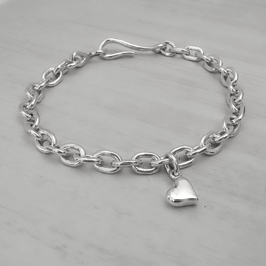 Sterling Silver Cable Chain Bracelet with Hand carved Heart Charm