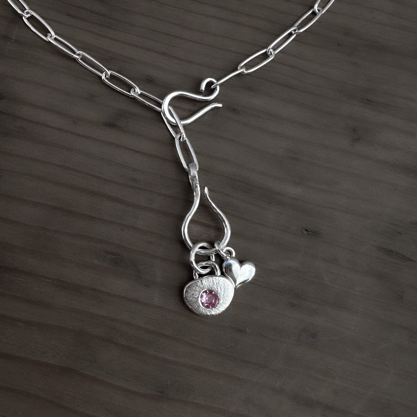Sterling Silver Pink Tourmaline Heart Charm Necklace | Paperclip Chain