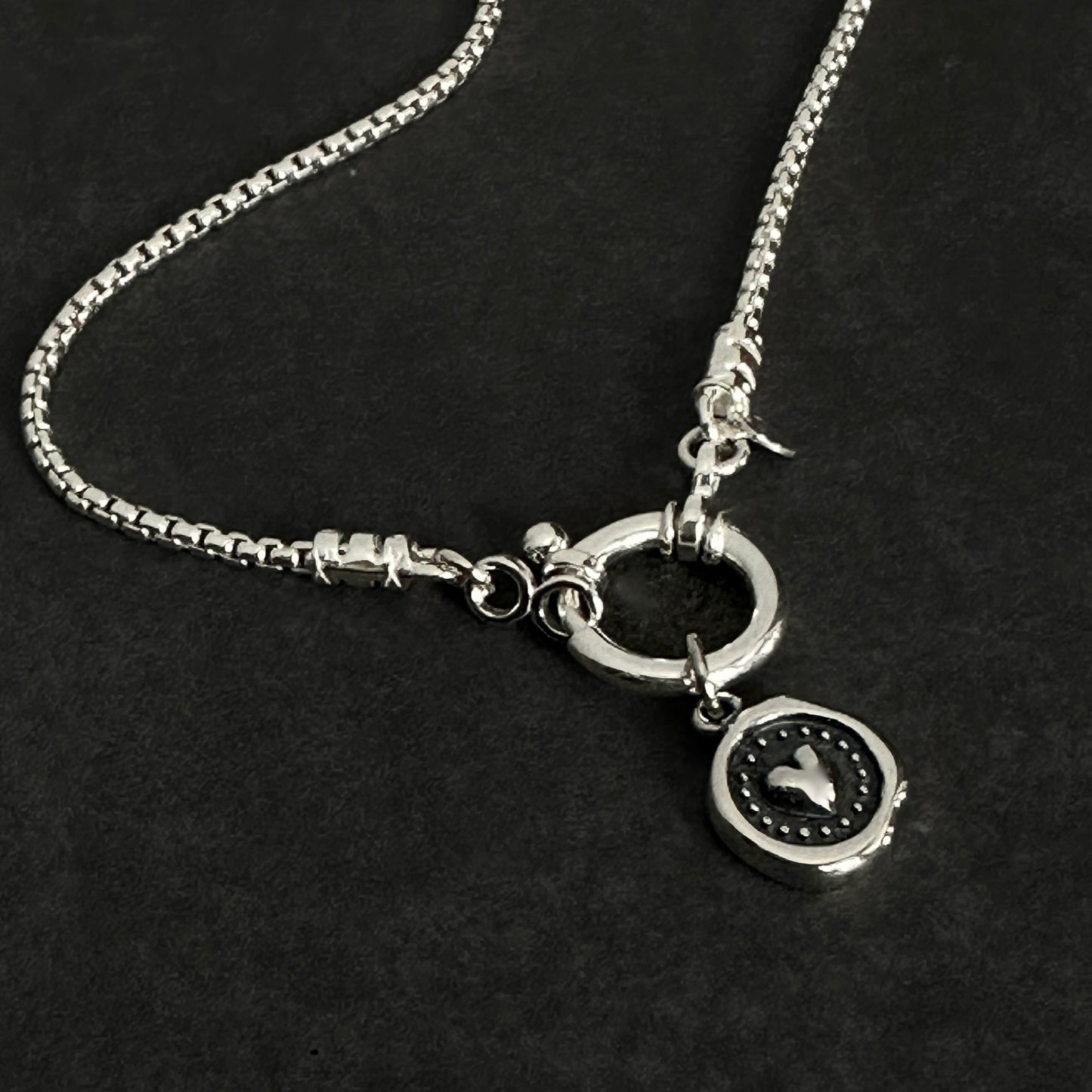 Wax Seal Heart Pendant Round Box Chain Necklace in Sterling Silver, 1.8mm