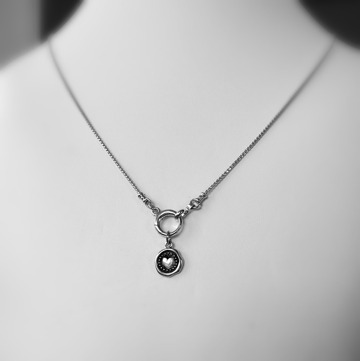 Wax Seal Heart Pendant Box Chain Necklace in Sterling Silver