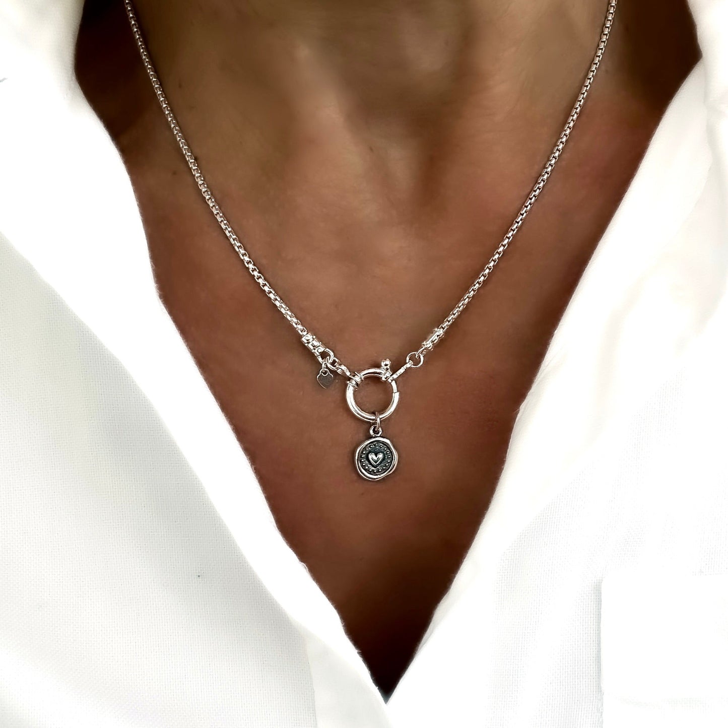 Wax Seal Heart Pendant Round Box Chain Necklace in Sterling Silver, 1.8mm