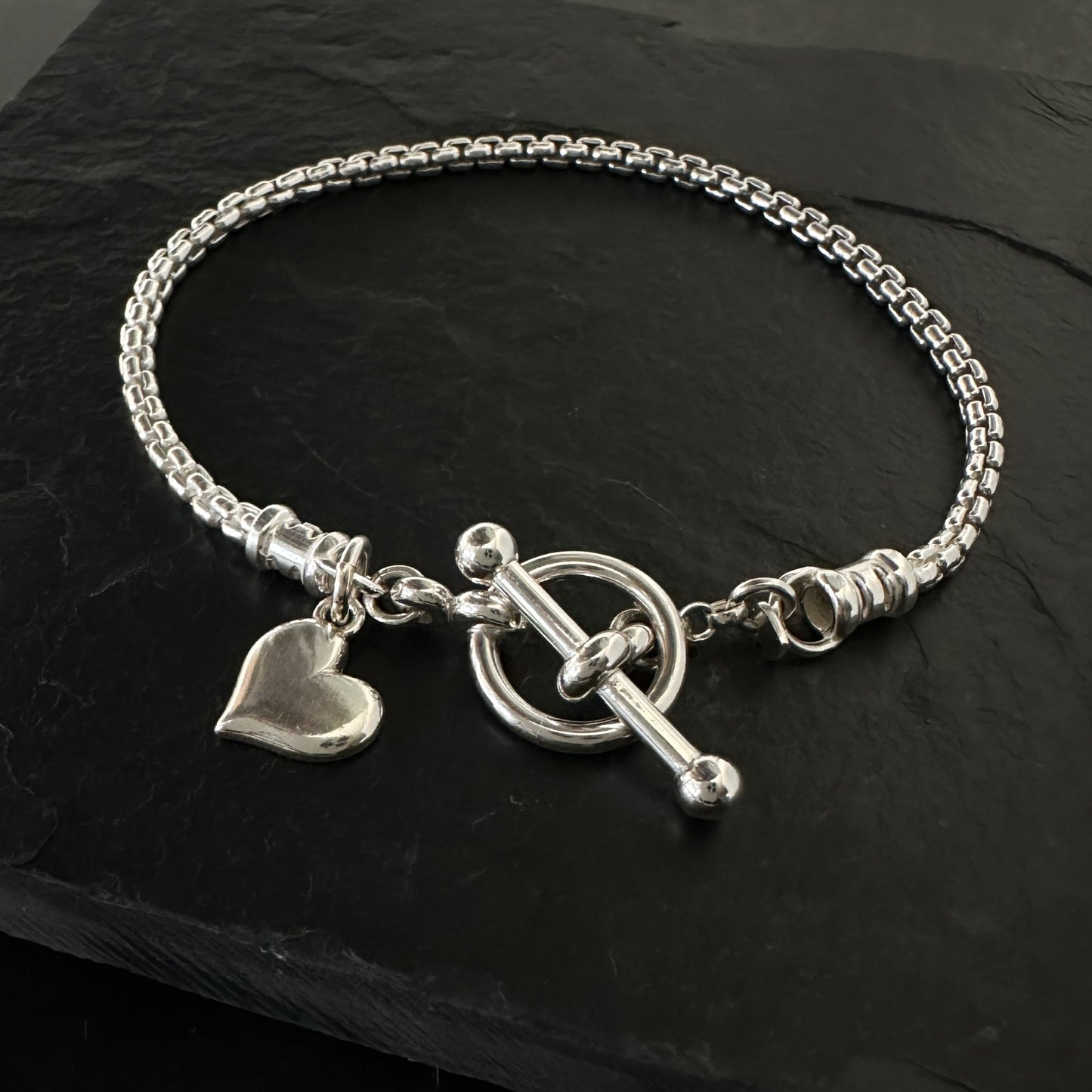 Heart Charm Toggle Box Chain Bracelet Sterling Silver, 2.5mm