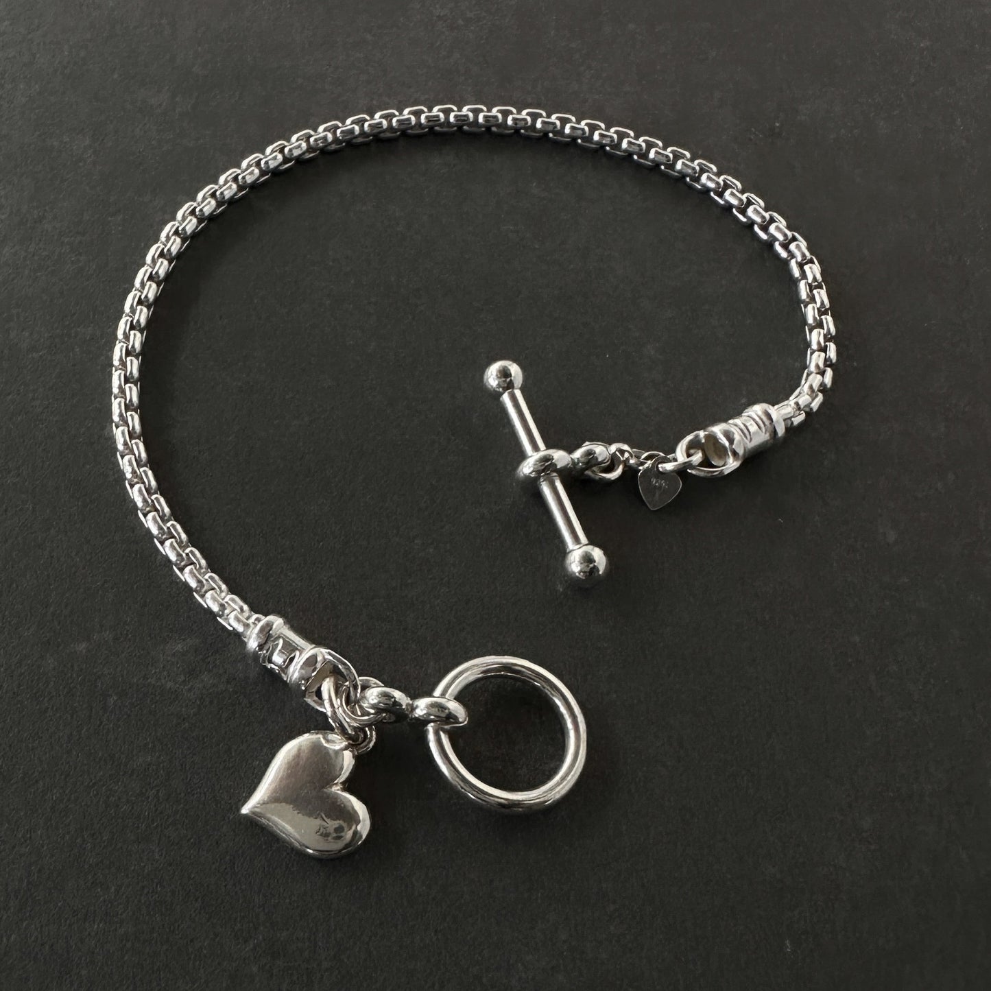 Heart Charm Toggle Box Chain Bracelet Sterling Silver, 2.5mm