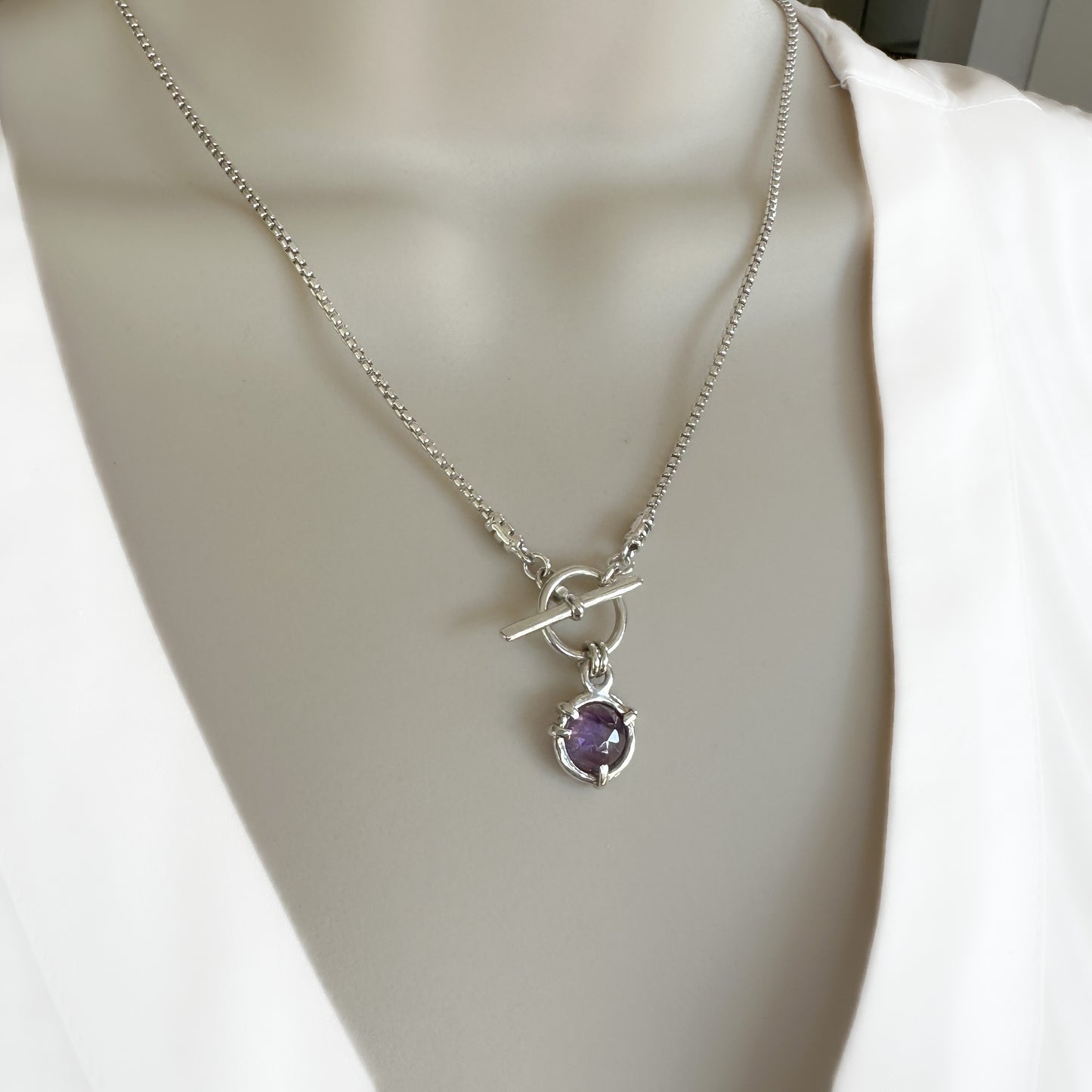 Amethyst Pendant Necklace in Sterling Silver, 1.8mm