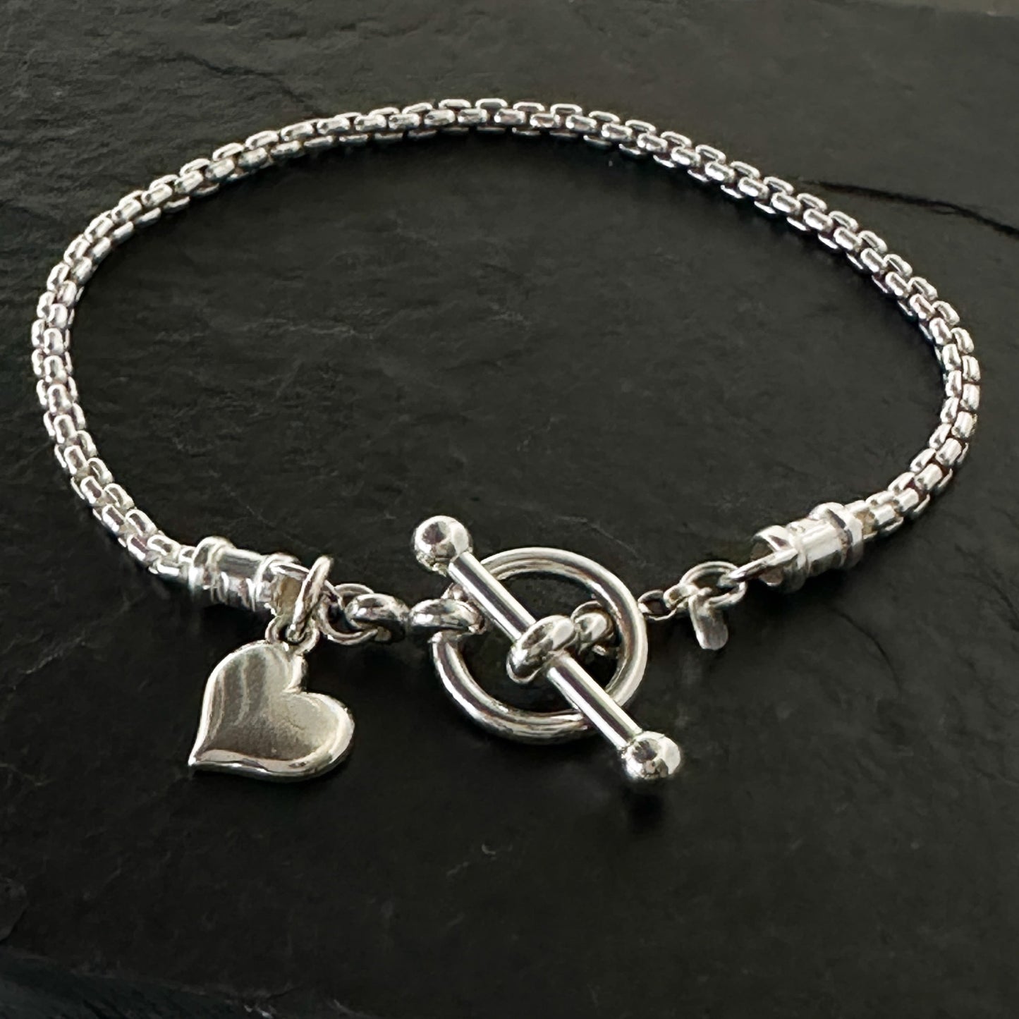 Heart Charm Toggle Box Chain Bracelet Sterling Silver, 2.5mm