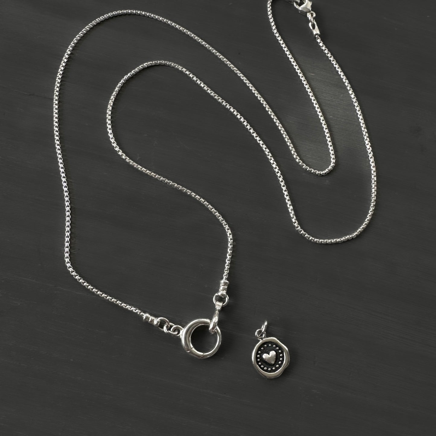Wax Seal Heart Pendant Box Chain Necklace in Sterling Silver