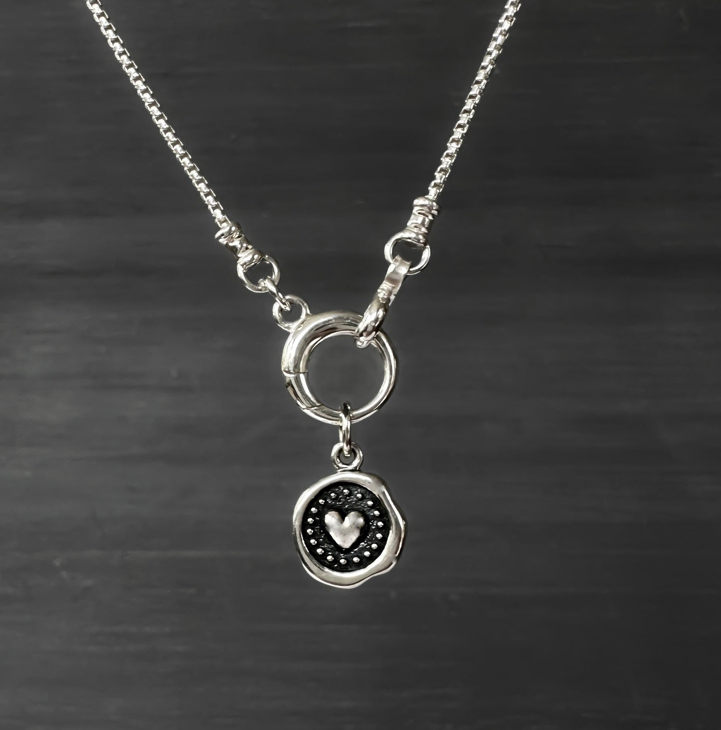 Wax Seal Heart Pendant Box Chain Necklace in Sterling Silver
