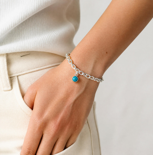 Handcrafted Sterling Silver Cable Chain Bracelet | Kingman Turquoise Charm