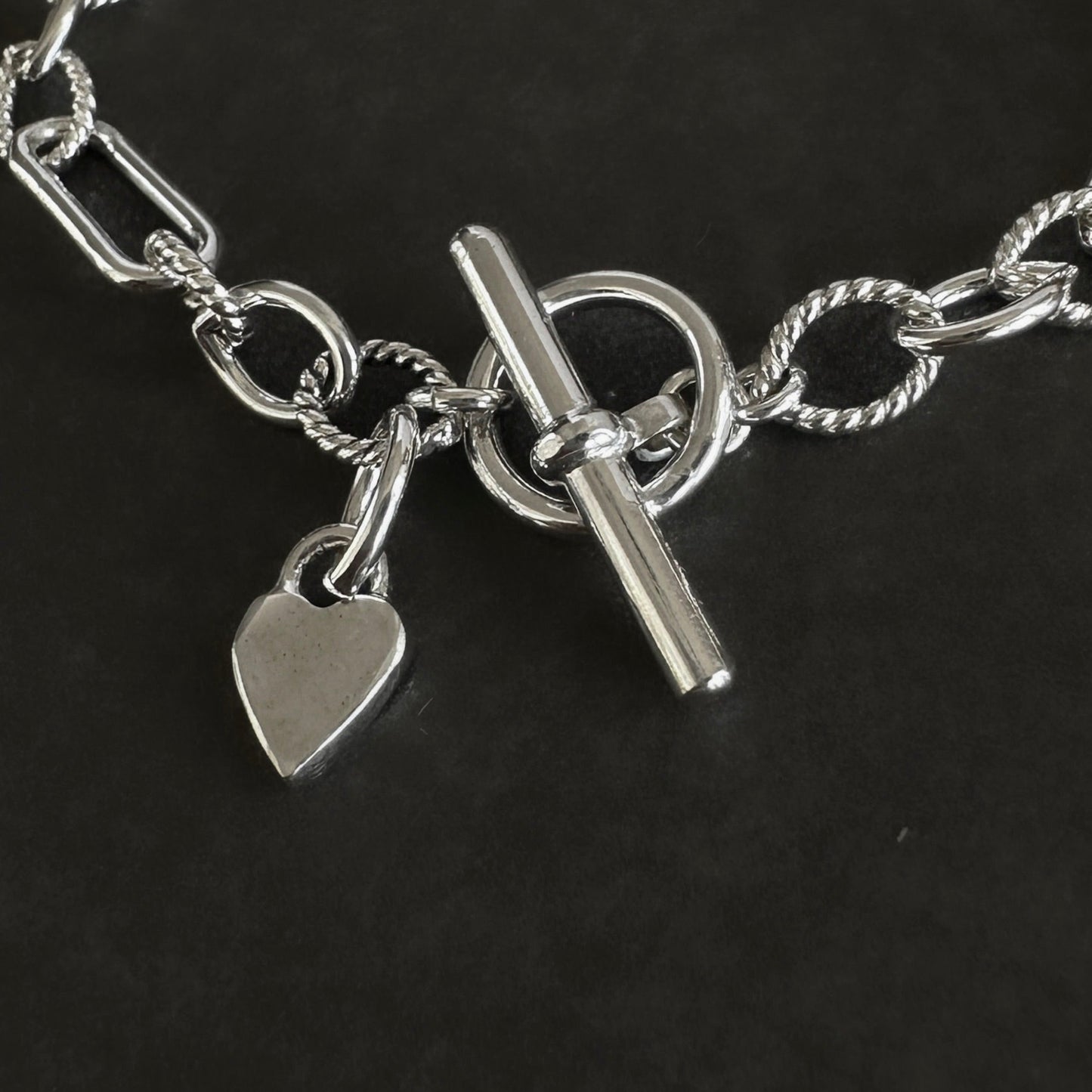 Chunky Heart Charm Link Chain Toggle Bracelet in Sterling Silver, 6mm