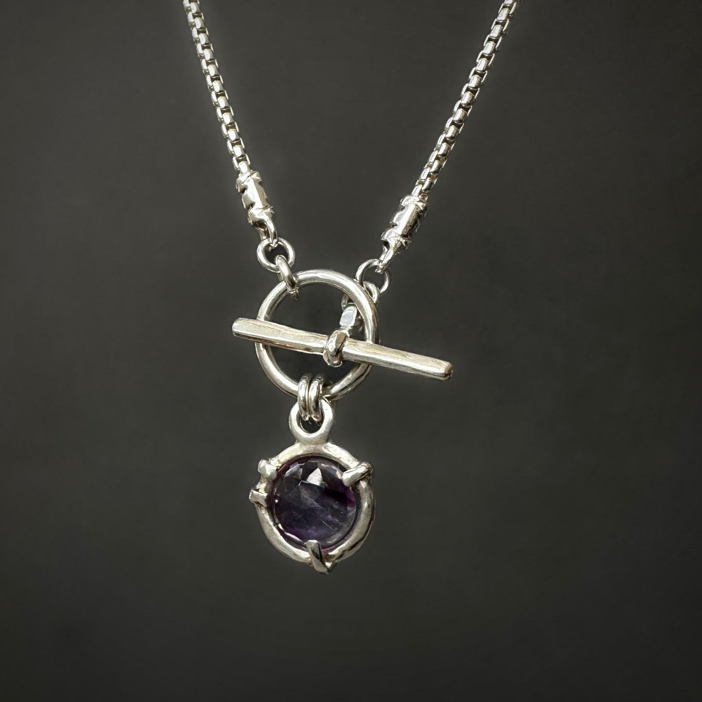 natural amethyst pendant necklace attached to front toggle clasp