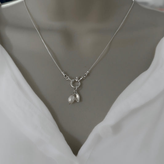Sterling Silver Box Chain Necklace | White Pearl & Leaf Charm | Interchangeable Pendant Clasp