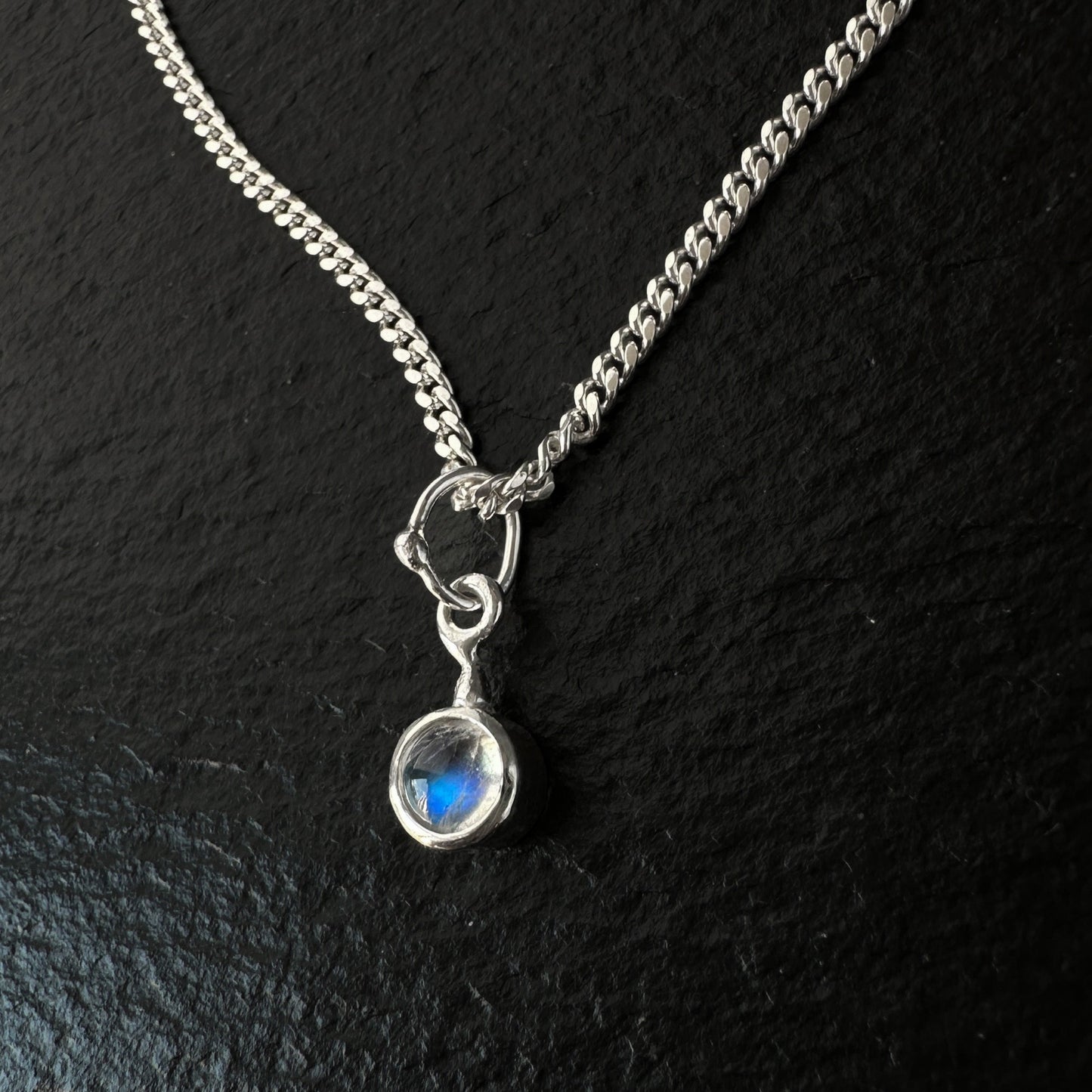 5mm rainbow moonstone pendant charm on sterling silver curb chain
