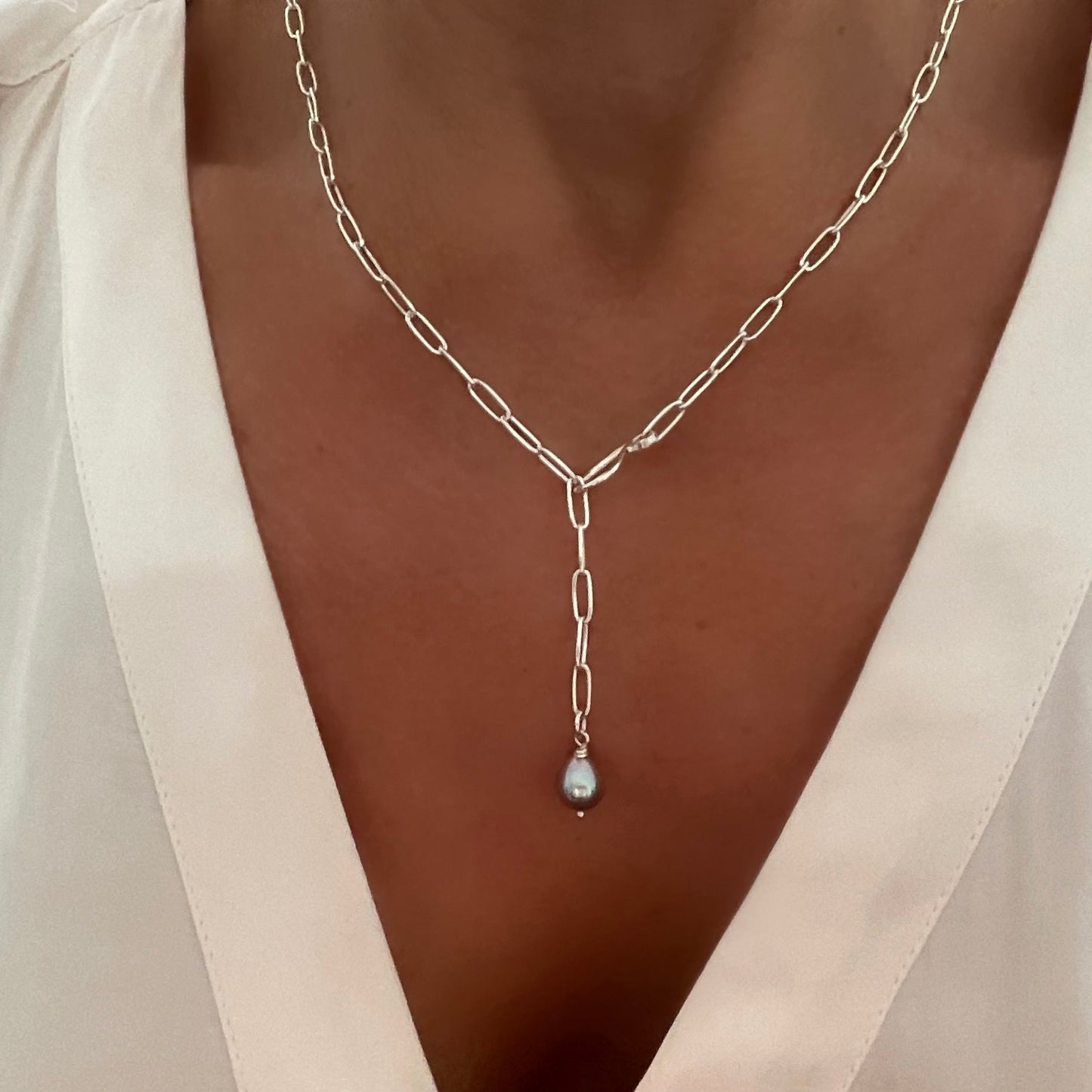 Freshwater Gray Pearl Lariat Necklace in Sterling Silver
