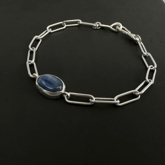 Sterling Silver Paperclip Chain Bracelet | Kyanite Cabochon Gemstone | Hook Clasp