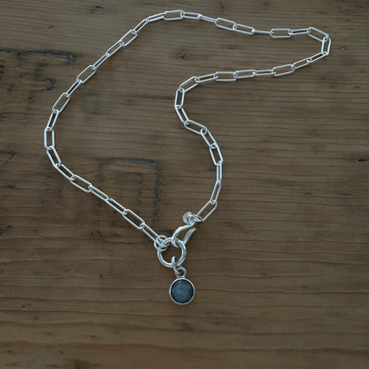 Sterling Silver Paperclip Chain Necklace | Blue Kyanite Pendant | Front Hook Closure
