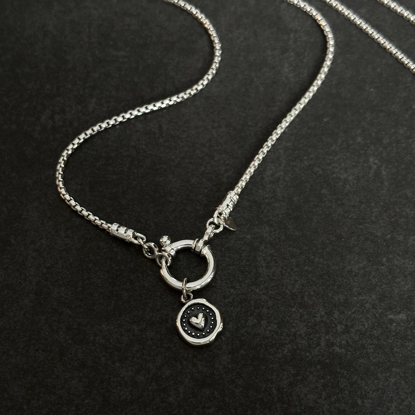 Wax Seal Heart Pendant Round Box Chain Necklace in Sterling Silver, 1.8mm