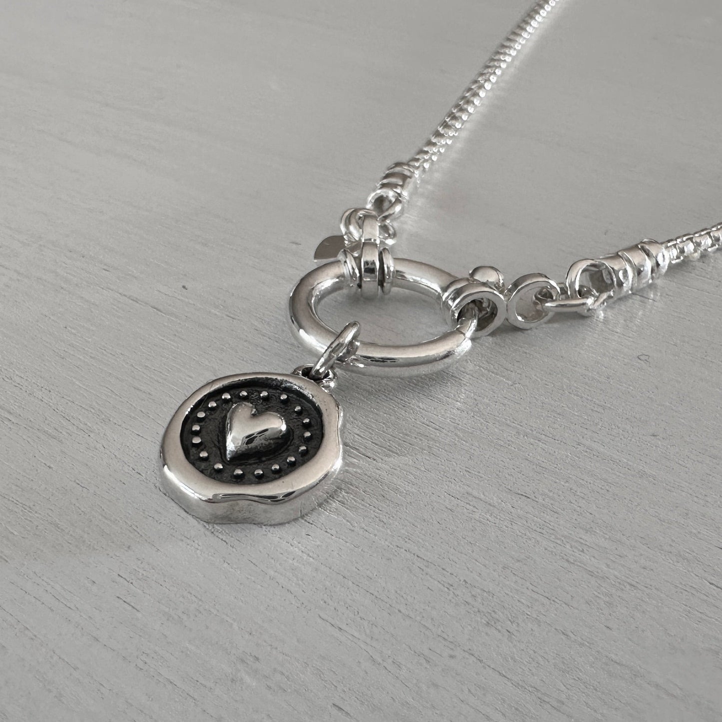 Wax Seal Heart Pendant Round Box Chain Necklace in Sterling Silver, 1.8mm