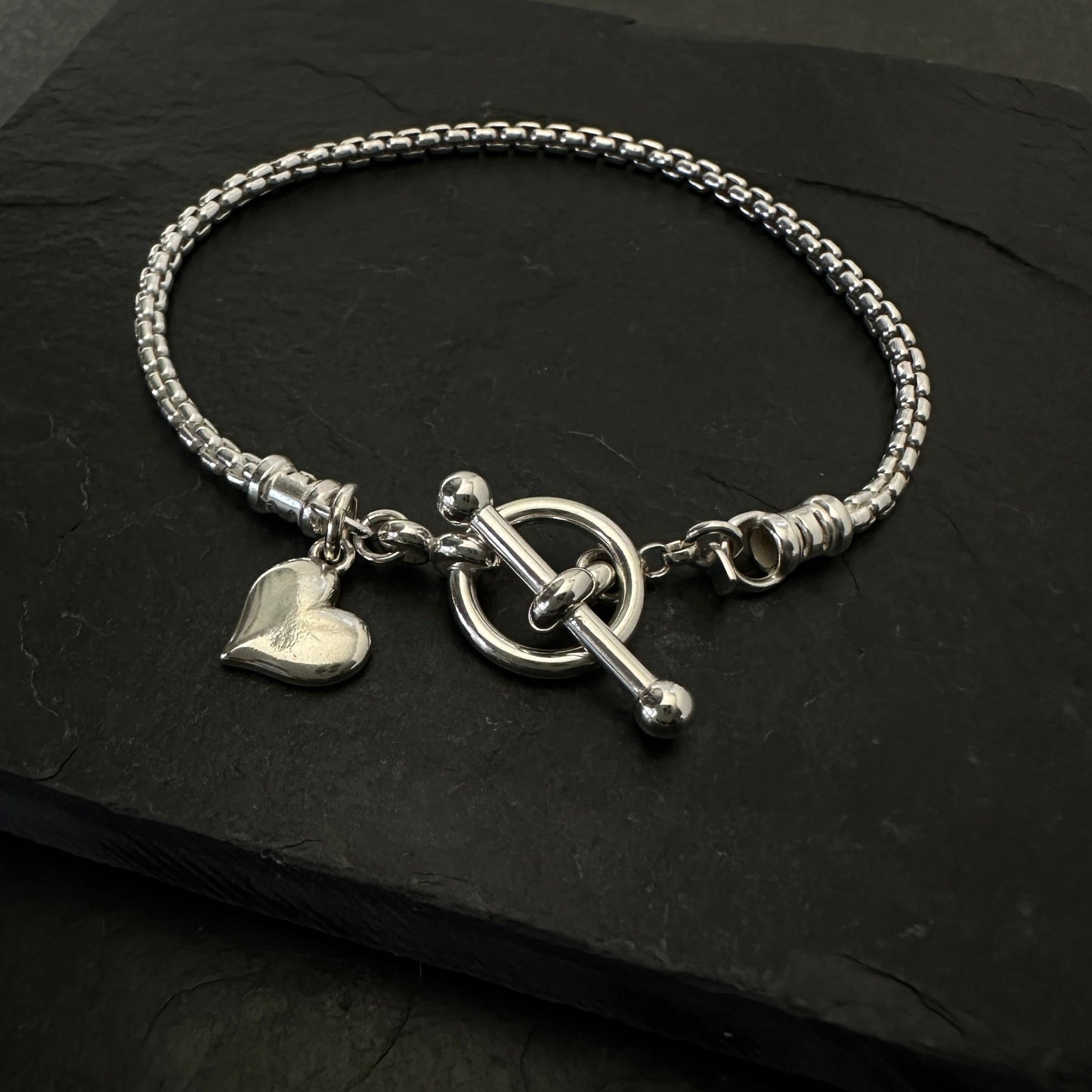Heart Charm Toggle Box Chain Bracelet Sterling Silver, 2.5mm