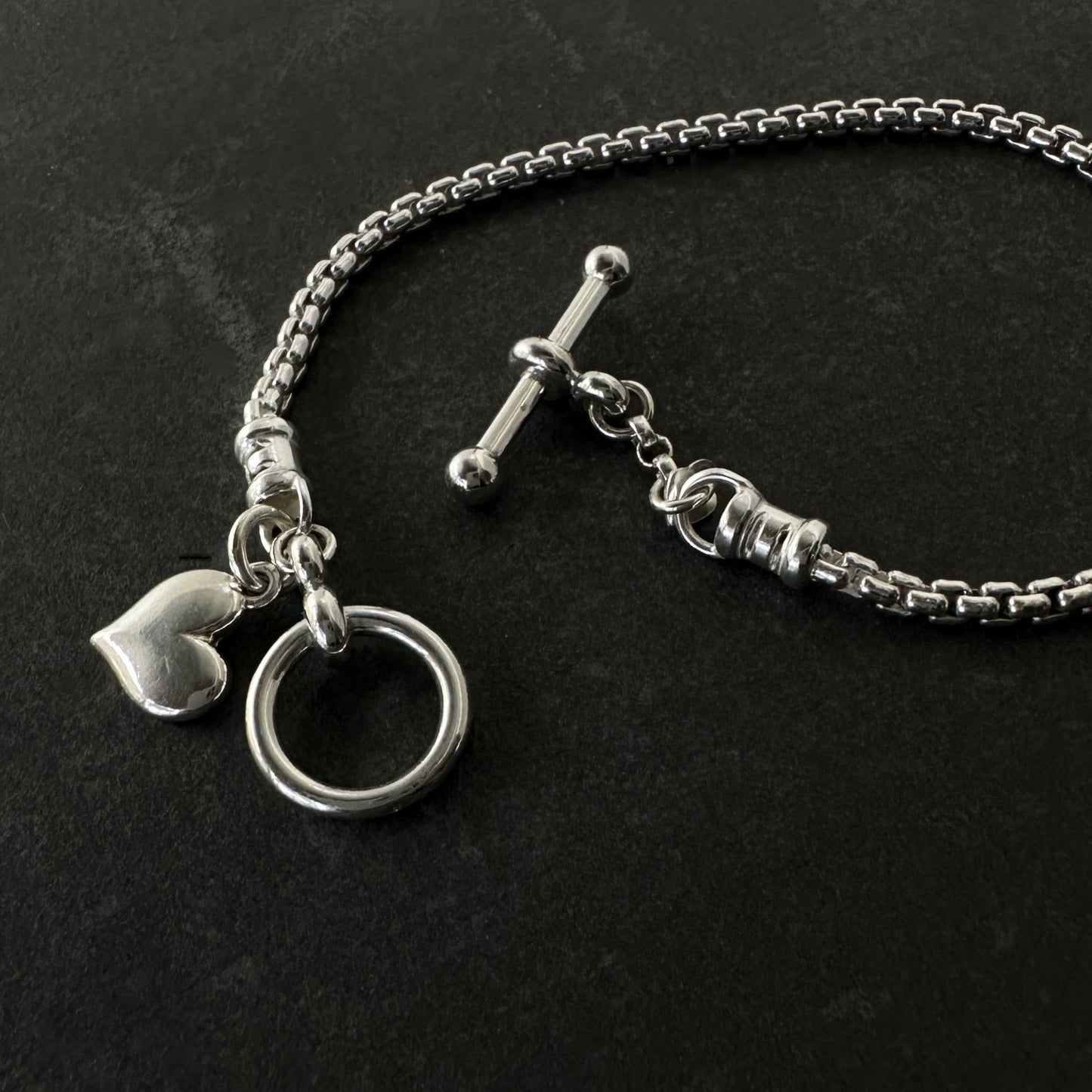 Heart Charm Toggle Box Chain Bracelet Sterling Silver, 2.5mm
