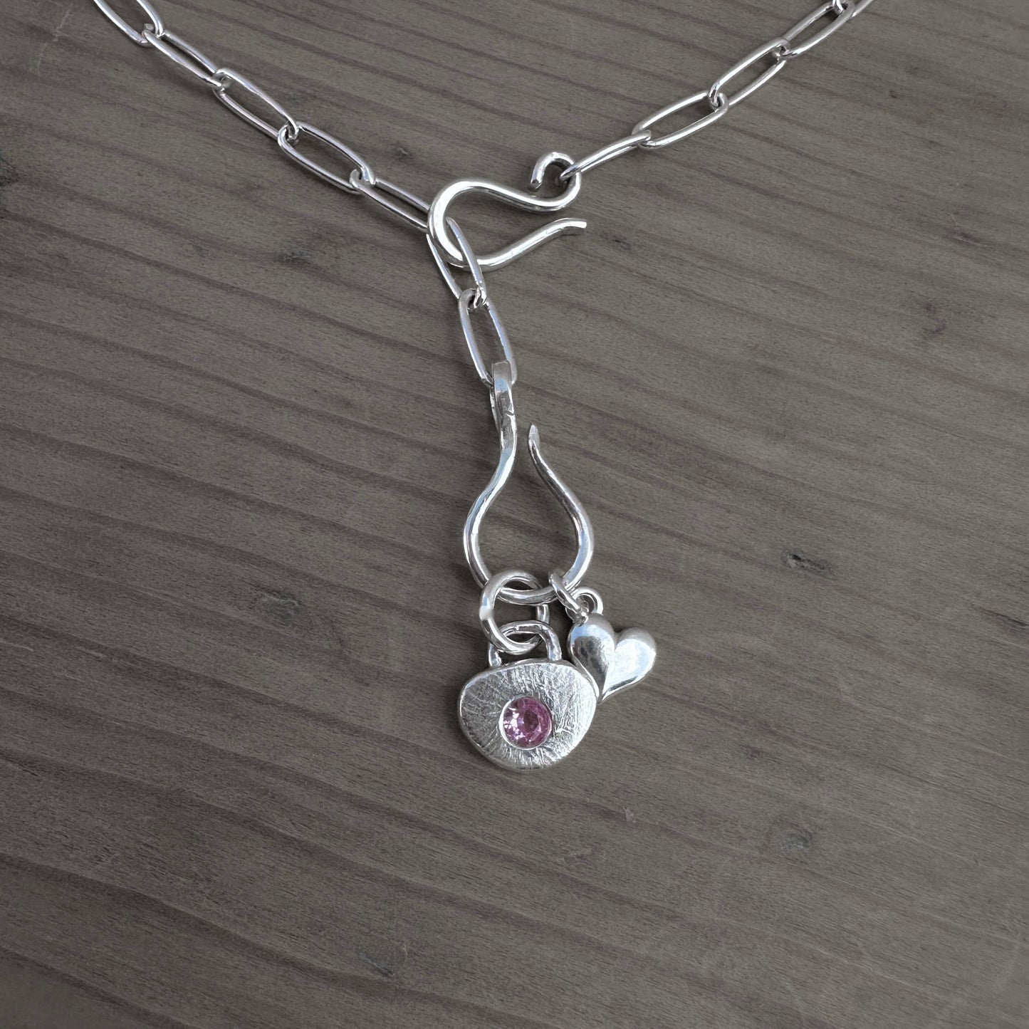 Sterling Silver Pink Tourmaline Heart Charm Necklace | Paperclip Chain