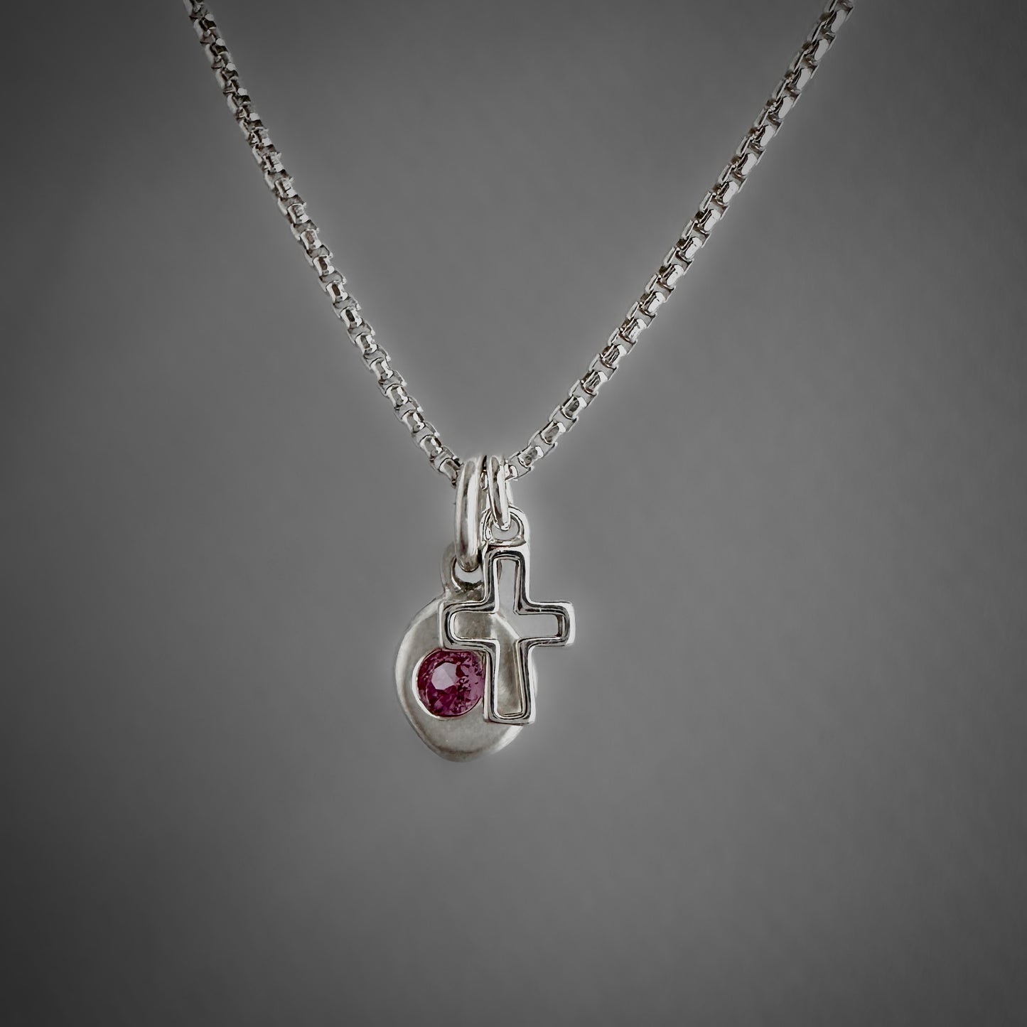 Lab-Grown Pink Tourmaline Nugget Necklace | Sterling Silver Cross Charm | Dainty Box Chain