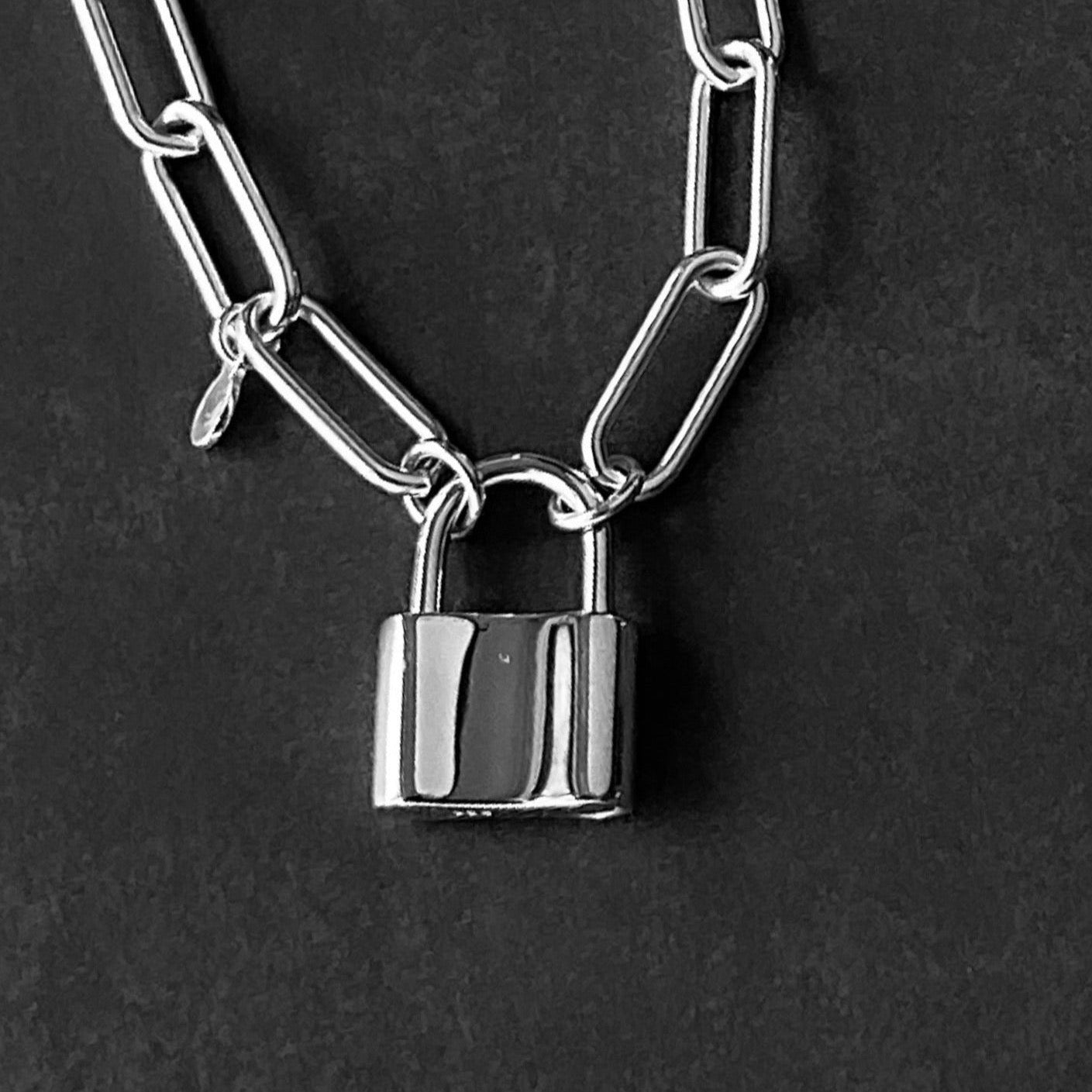 Padlock and Paperclip Chain Necklace in Sterling Silver, 6mm