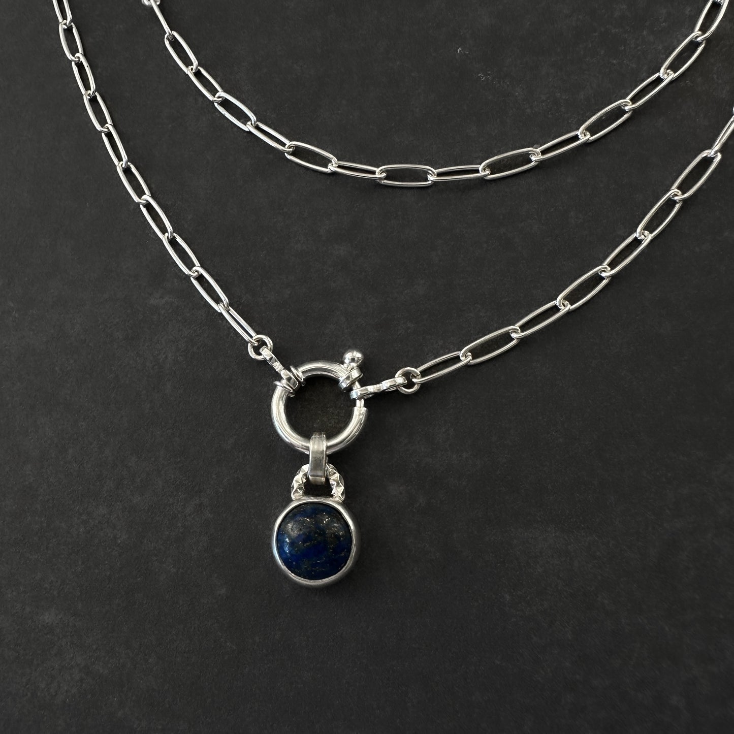 Sterling Silver Lapis Lazuli Pendant Necklace | Paperclip Chain with Charm Holder Clasp