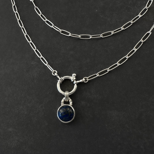 Sterling Silver Lapis Lazuli Pendant Necklace | Paperclip Chain with Charm Holder Clasp