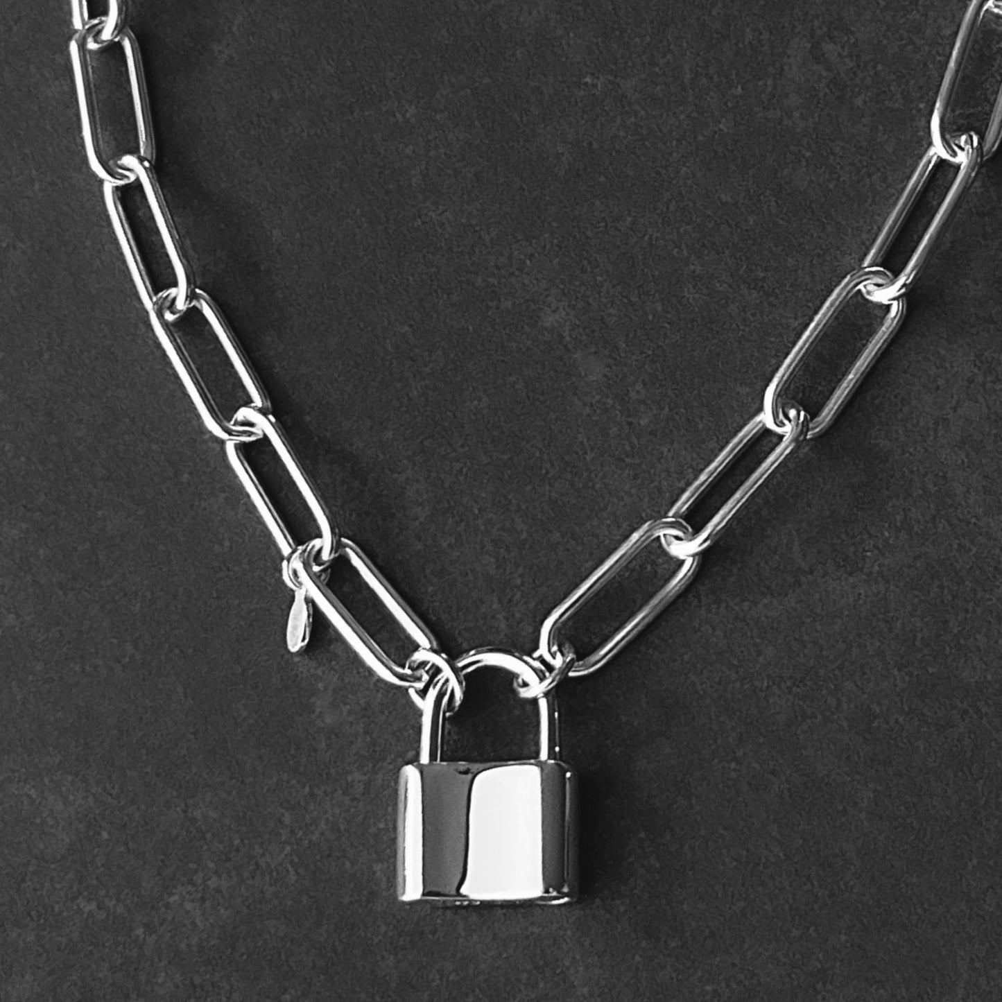 Padlock and Paperclip Chain Necklace in Sterling Silver, 6mm