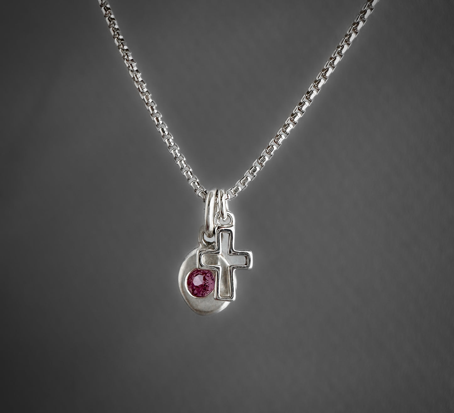 Lab-Grown Pink Tourmaline Nugget Necklace | Sterling Silver Cross Charm | Dainty Box Chain