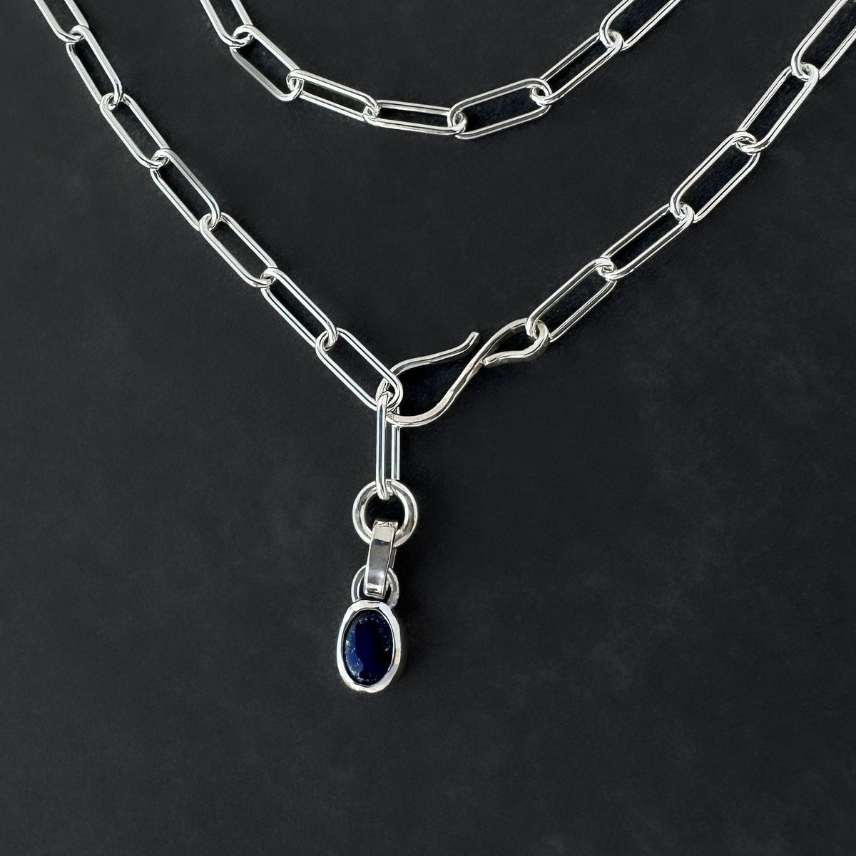 Sterling Silver Paperclip Necklace with Natural Lapis Lazuli, Adjustable Hook Clasp Lariat