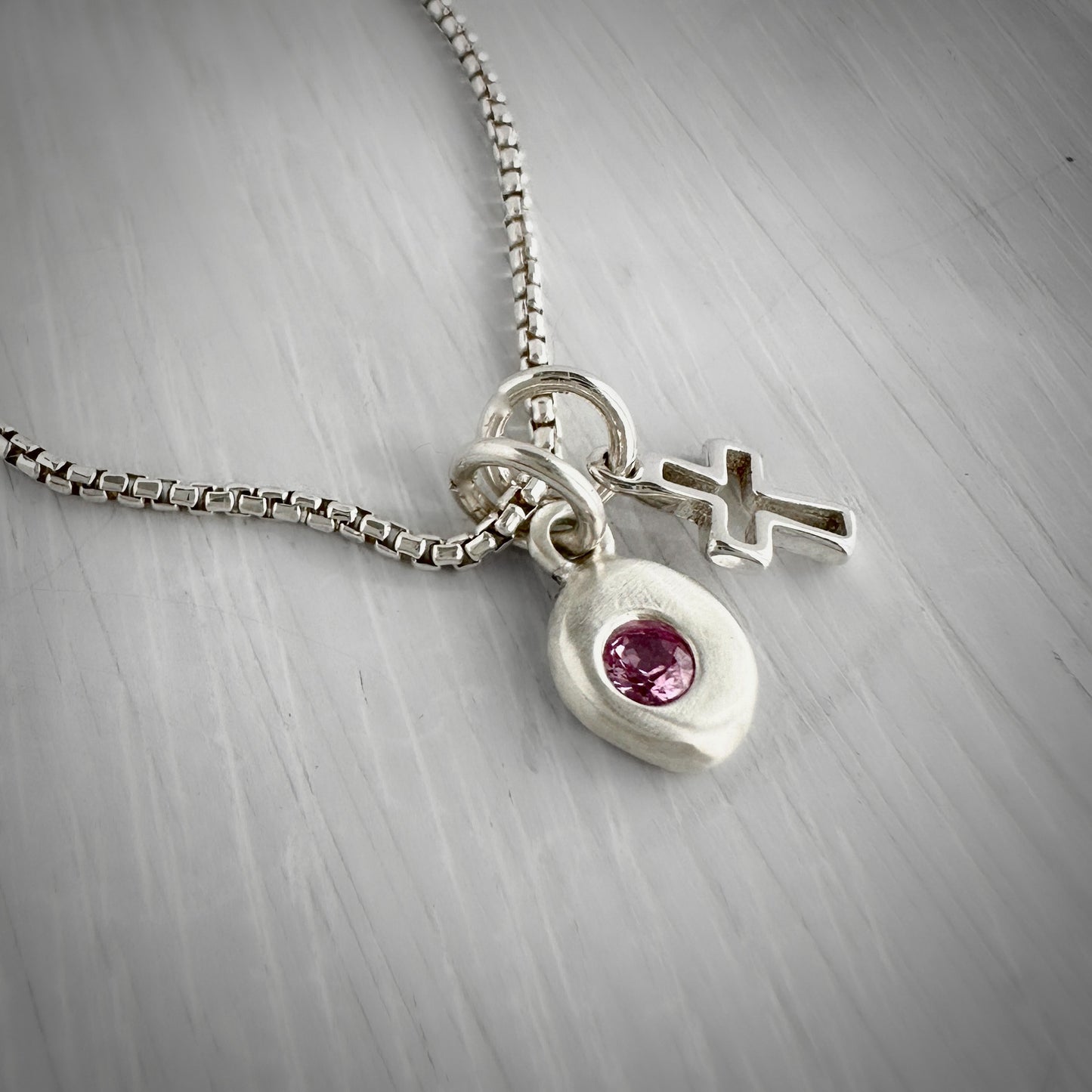 Lab-Grown Pink Tourmaline Nugget Necklace | Sterling Silver Cross Charm | Dainty Box Chain