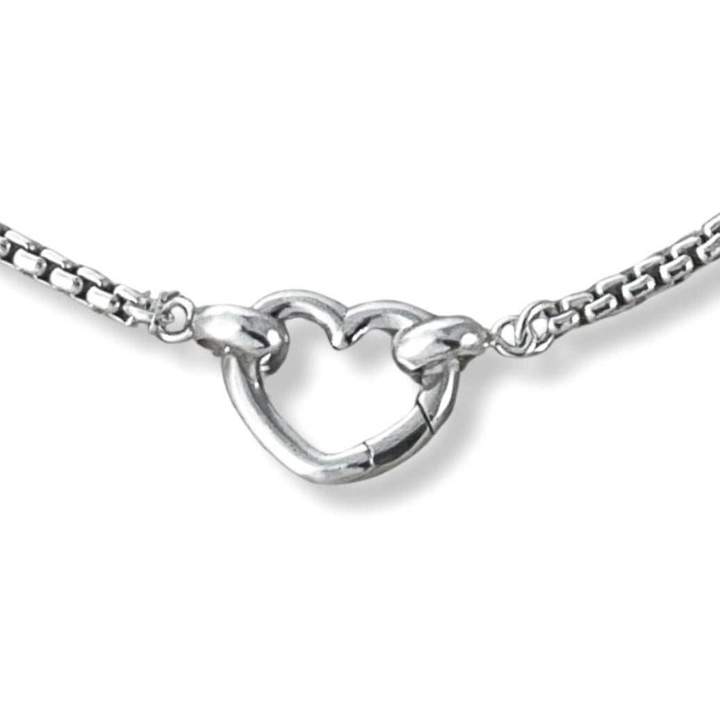 solid sterling silver heart bracelet focal large heart clasp on 2.5mm rounded box chain in solid sterling silver