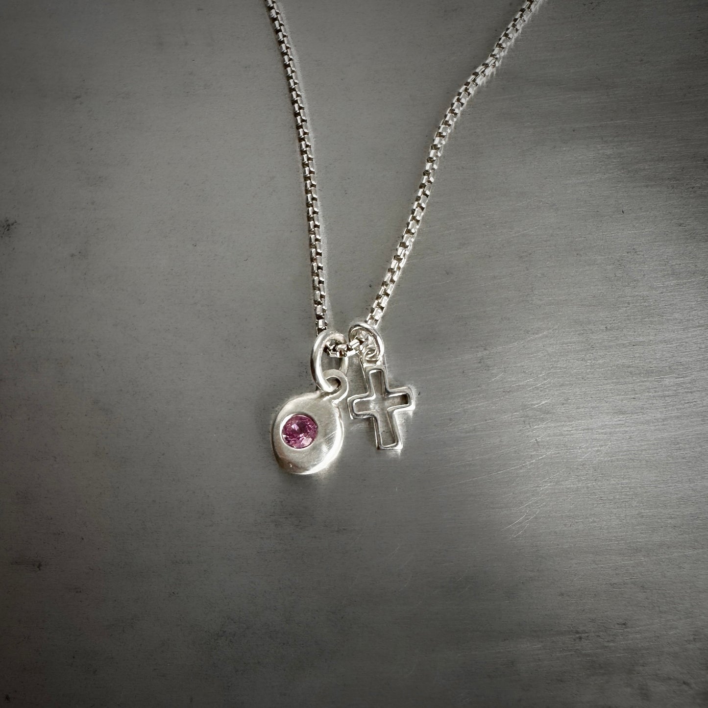 Lab-Grown Pink Tourmaline Nugget Necklace | Sterling Silver Cross Charm | Dainty Box Chain