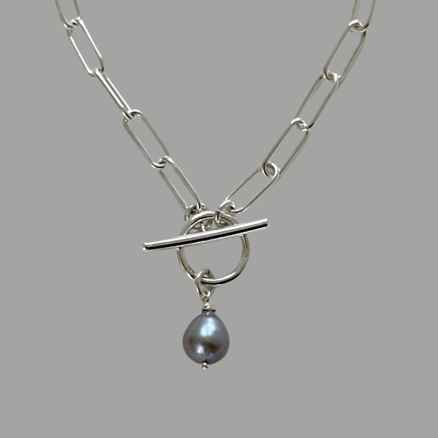 Pearl Drop Paperclip Chain Toggle Necklace in Sterling Silver, 4.3mm