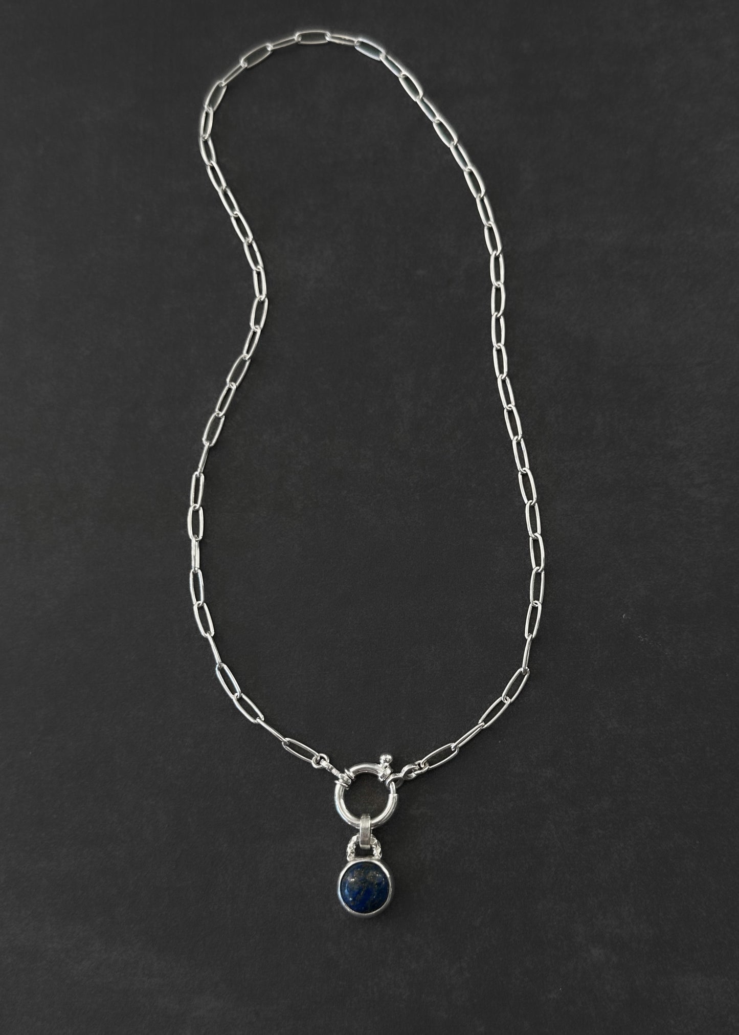 Sterling Silver Lapis Lazuli Pendant Necklace | Paperclip Chain with Charm Holder Clasp