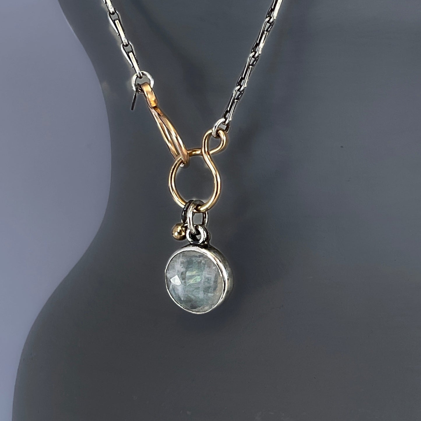 rainbow moonstone round pendant on sterling silver and 14k gold filled chain