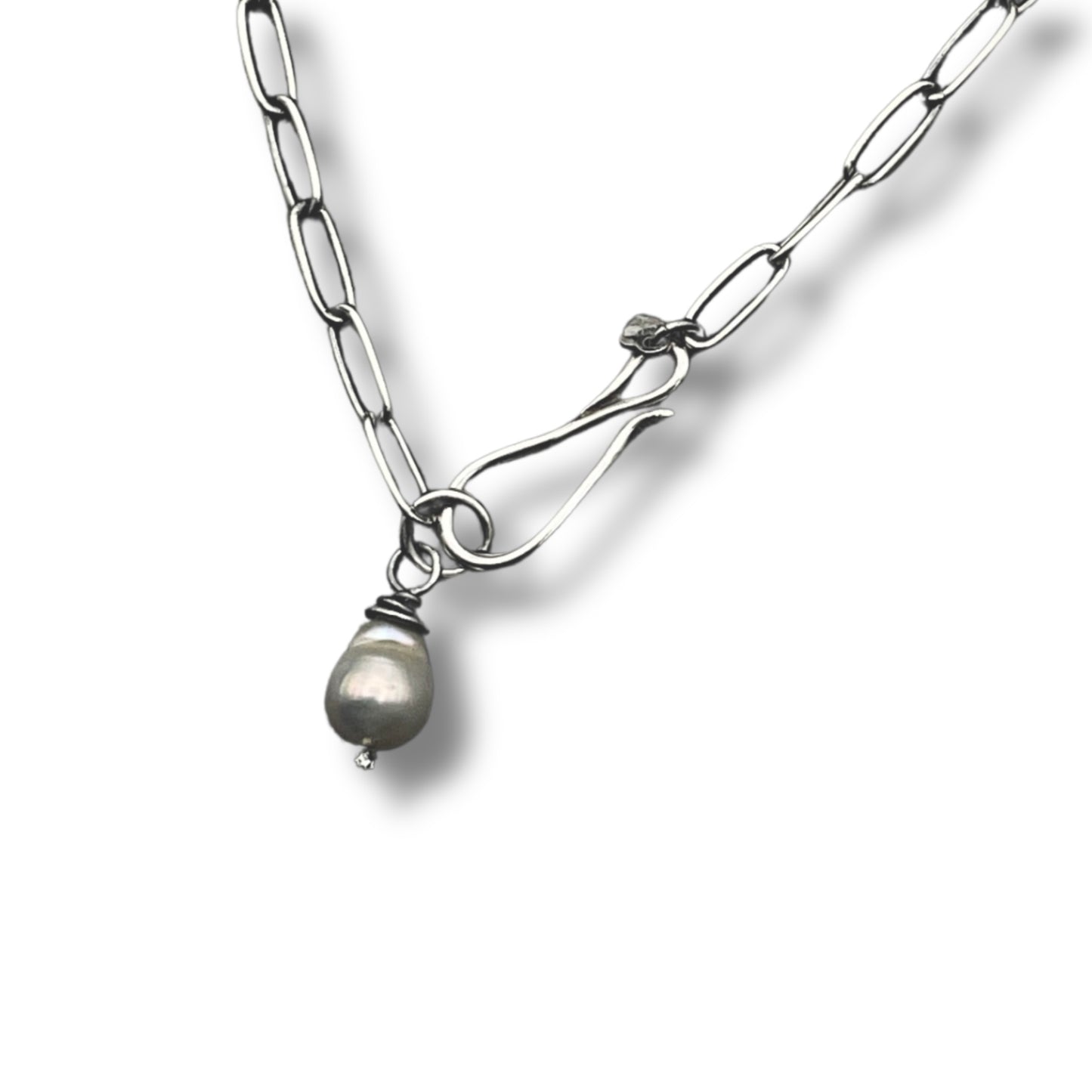 Edgy Pearl Necklace Dainty Paperclip Chain in Sterling Silver, 3mm