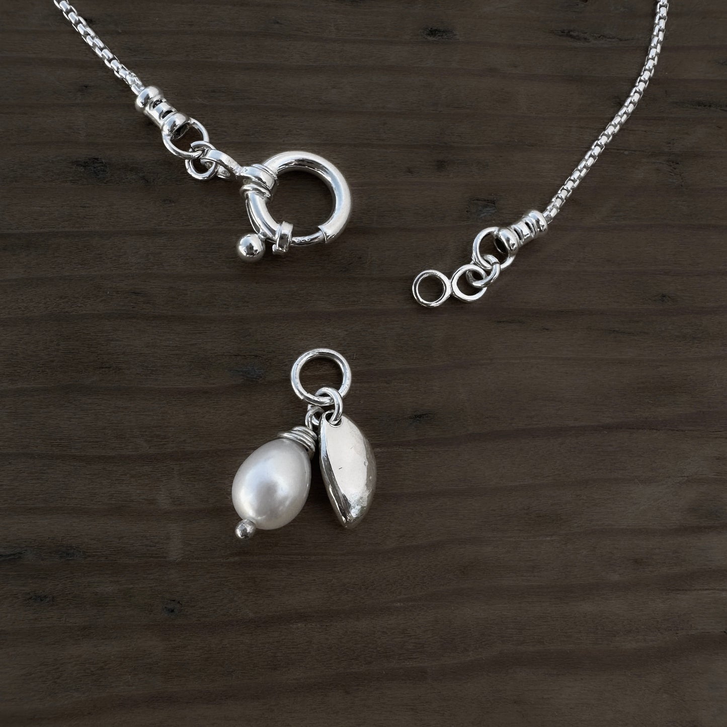 Sterling Silver Box Chain Necklace | White Pearl & Leaf Charm | Interchangeable Pendant Clasp