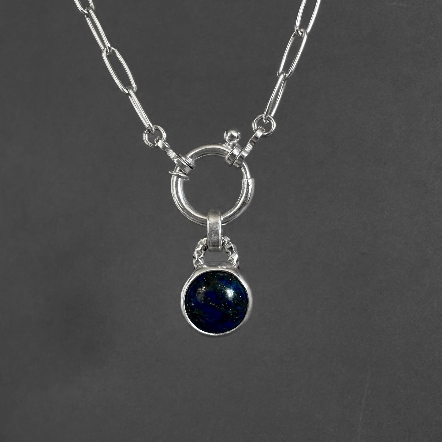 Sterling Silver Lapis Lazuli Pendant Necklace | Paperclip Chain with Charm Holder Clasp