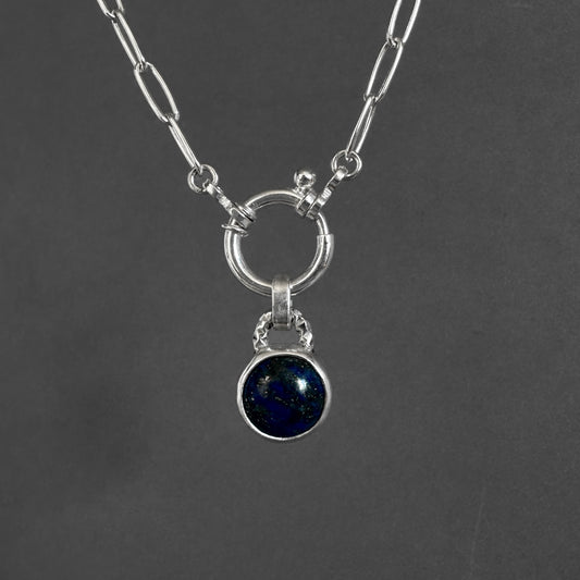 Sterling Silver Lapis Lazuli Pendant Necklace | Paperclip Chain with Charm Holder Clasp